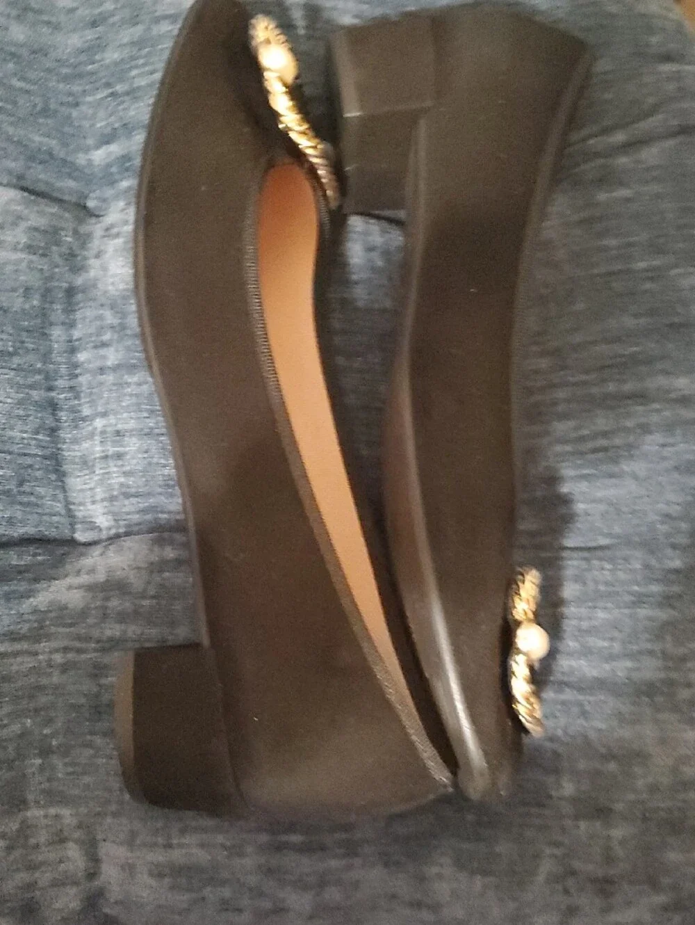 Pretty Ballerinas Black Shoes with Gold Chain Buckle and Pearl Accents